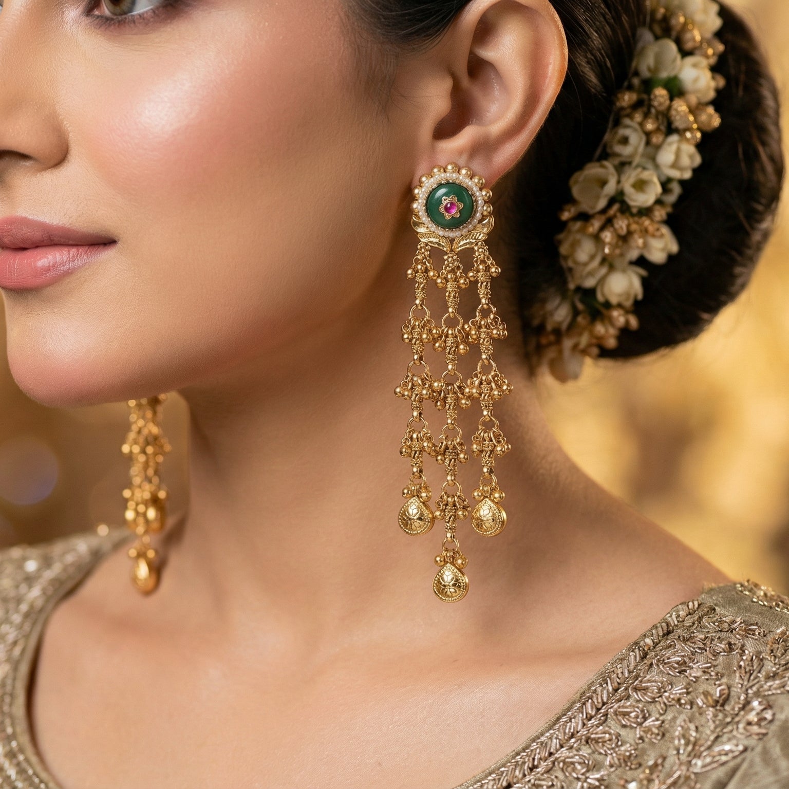 Butigini Ethnic Green Stone Drop Earrings