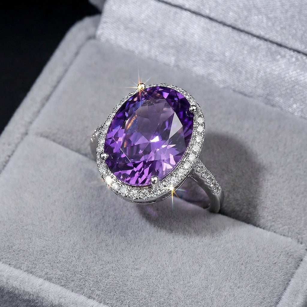 Butigini Amethyst Aura Oval Finger Ring - Stainless Steel