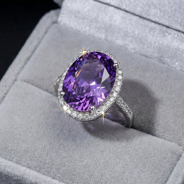 Butigini Amethyst Aura Oval Finger Ring - Stainless Steel