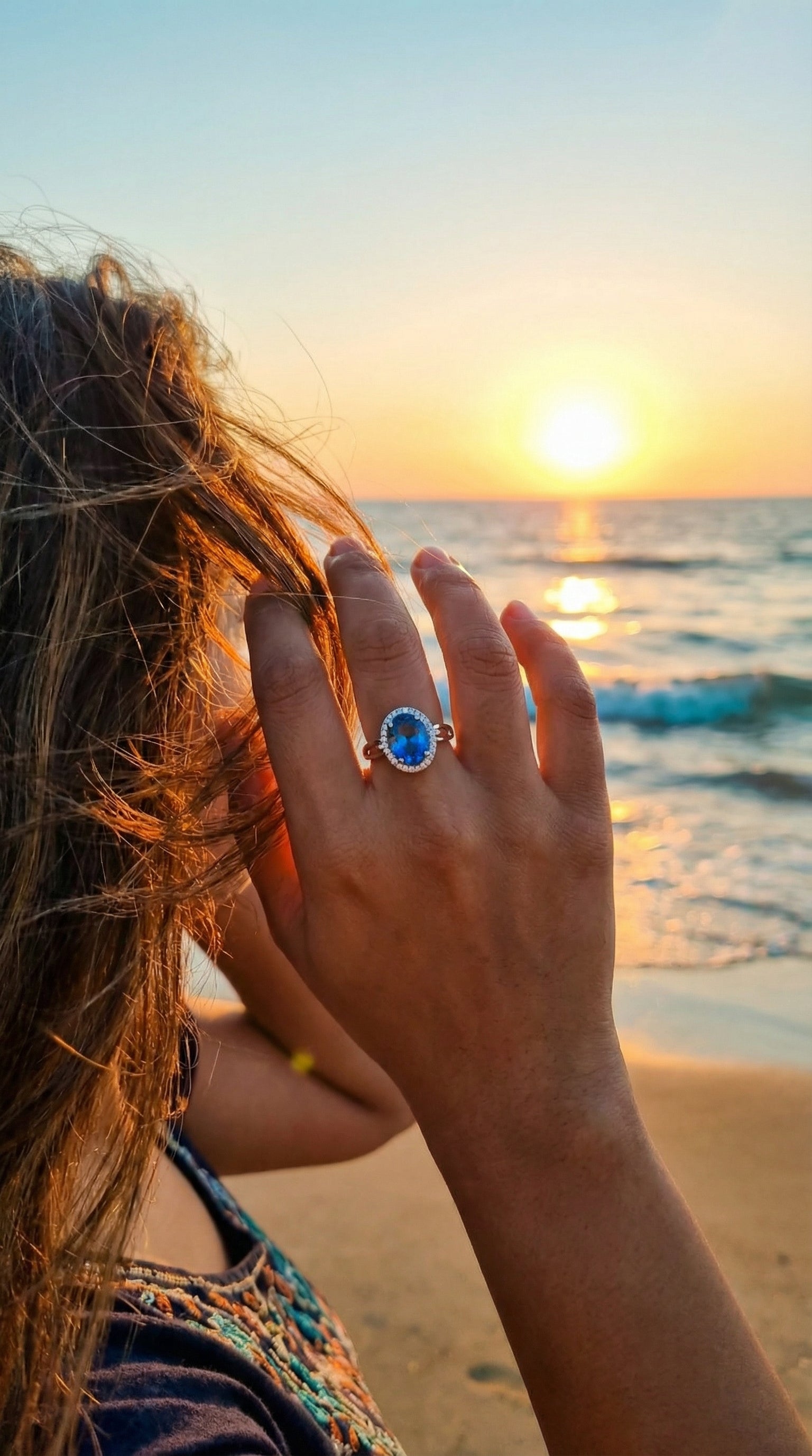 Butigini Azure Halo Oval Finger Ring Anti Tarnish