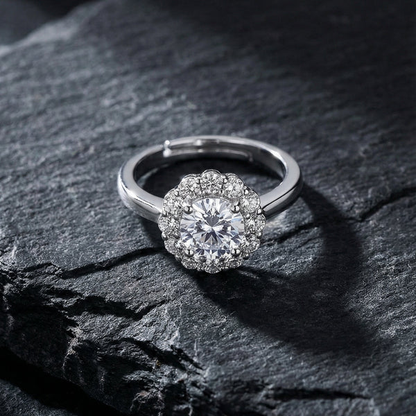 Butigini Silver Plated American Diamond Floral Halo Solitaire Adjustable Finger Ring