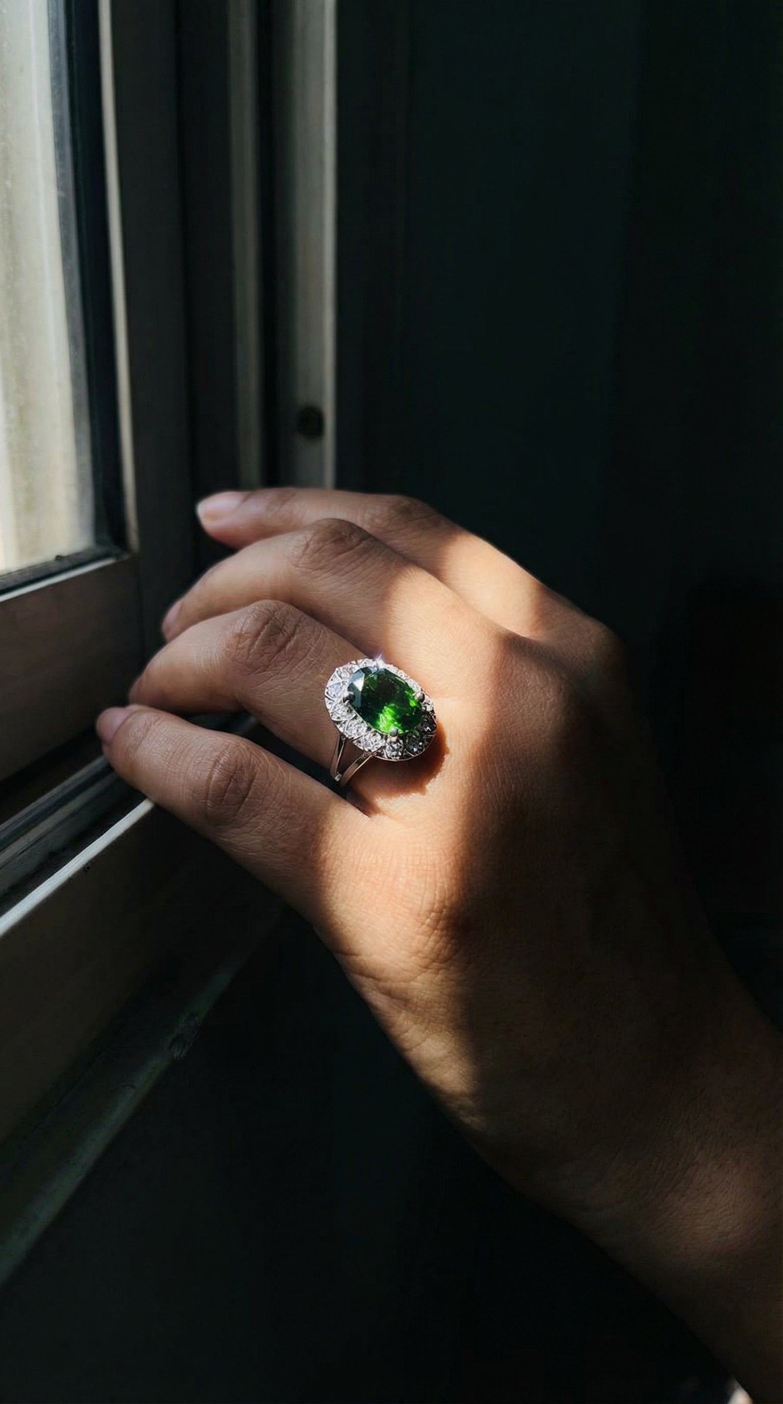 Butigini Silver Plated Anti Tarnish American Diamond Crushed Ice Cut Green Oval Adjustable Finger Ring