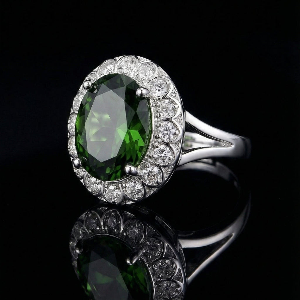 Butigini Silver Plated Anti Tarnish American Diamond Crushed Ice Cut Green Oval Adjustable Finger Ring