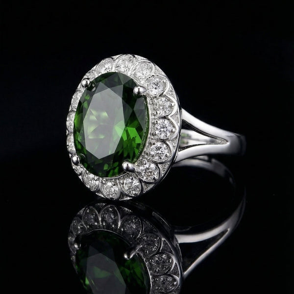 Butigini Silver Plated Anti Tarnish American Diamond Crushed Ice Cut Green Oval Adjustable Finger Ring