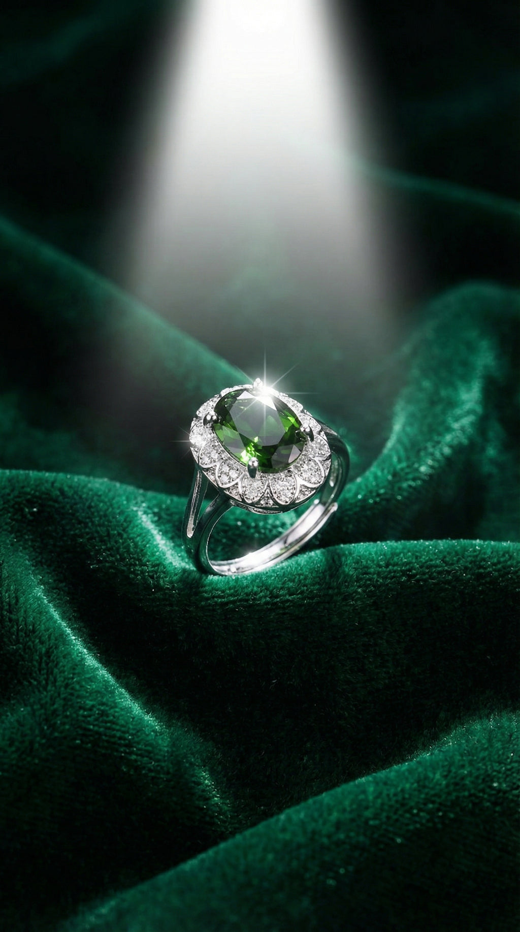 Butigini Silver Plated Anti Tarnish American Diamond Crushed Ice Cut Green Oval Adjustable Finger Ring