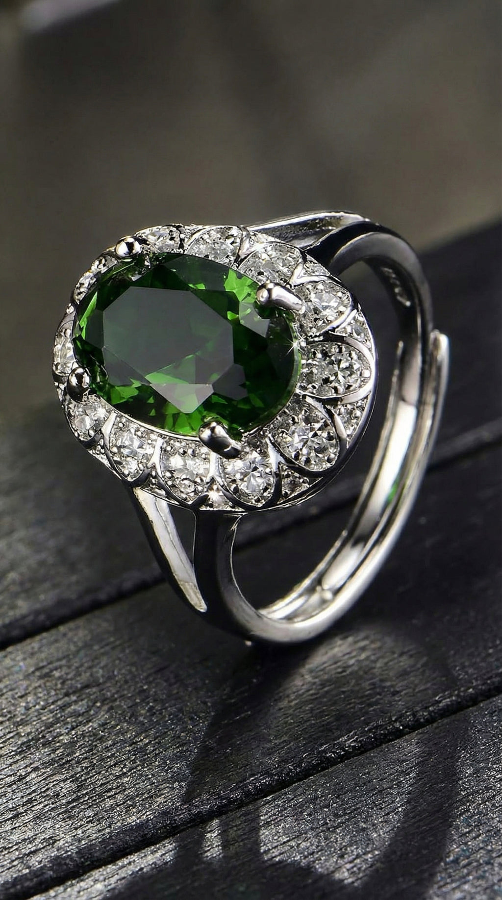 Butigini Silver Plated Anti Tarnish American Diamond Crushed Ice Cut Green Oval Adjustable Finger Ring