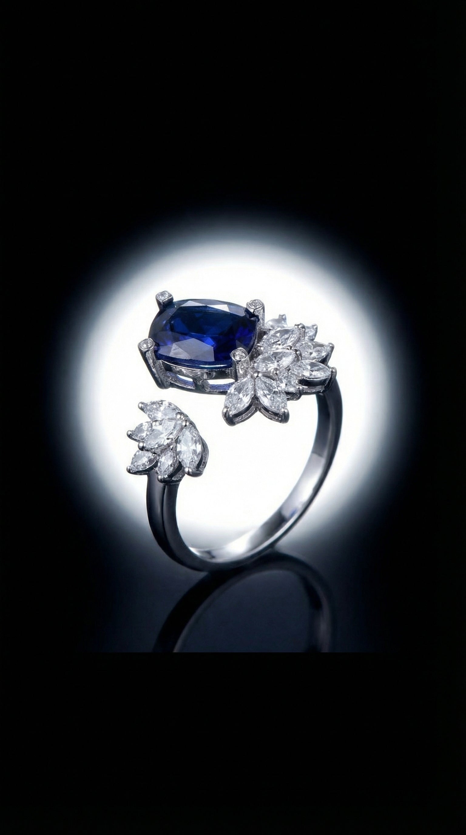 Butigini Silver Plated Anti Tarnish American Diamond Crushed Ice Cut Navy Blue Adjustable Contemporary Finger Ring