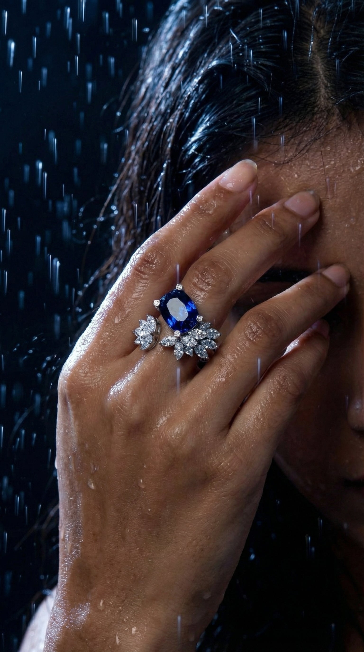 Butigini Silver Plated Anti Tarnish American Diamond Crushed Ice Cut Navy Blue Adjustable Contemporary Finger Ring