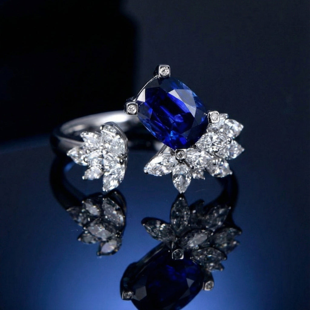 Butigini Silver Plated Anti Tarnish American Diamond Crushed Ice Cut Navy Blue Adjustable Contemporary Finger Ring