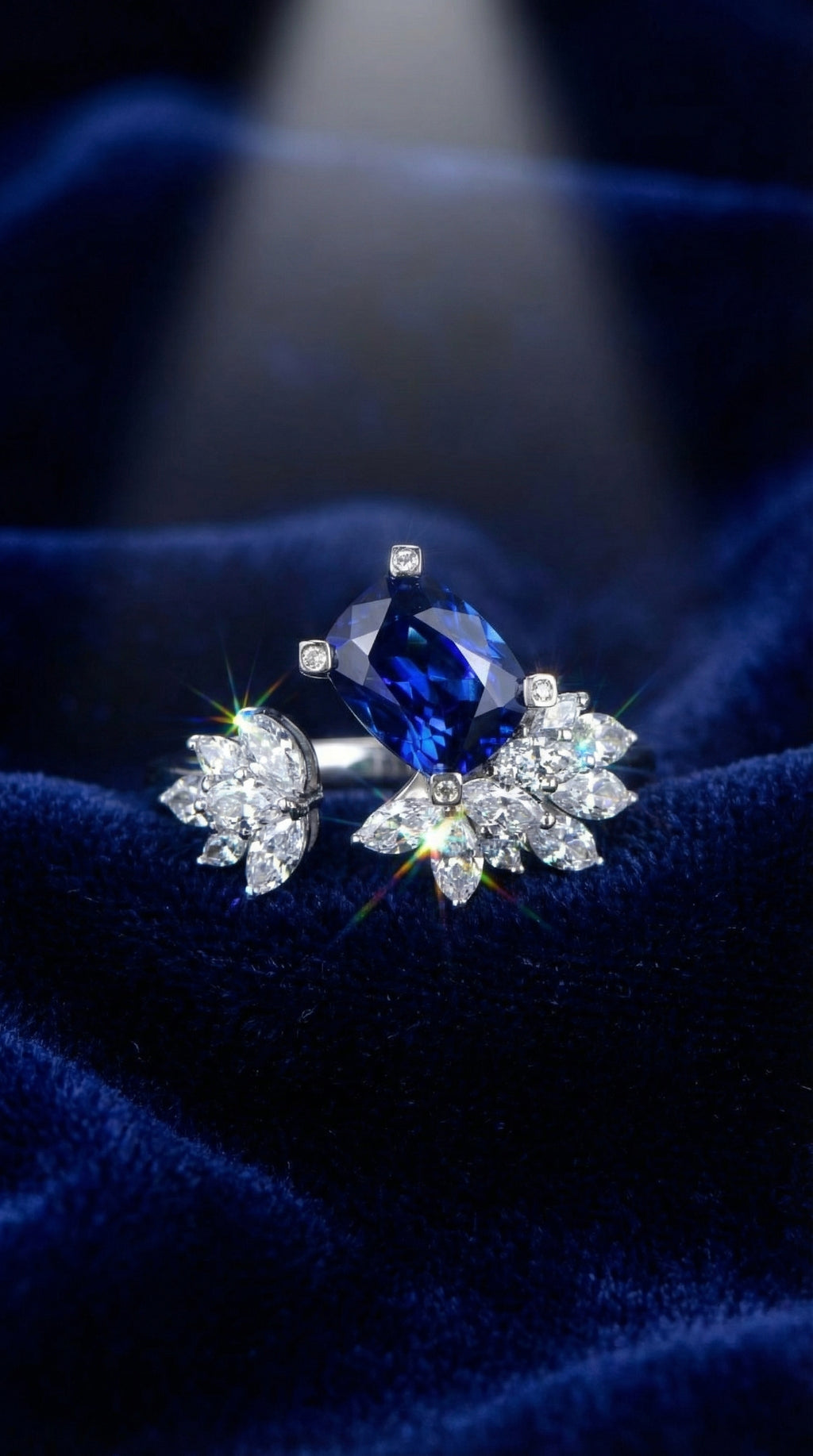 Butigini Silver Plated Anti Tarnish American Diamond Crushed Ice Cut Navy Blue Adjustable Contemporary Finger Ring