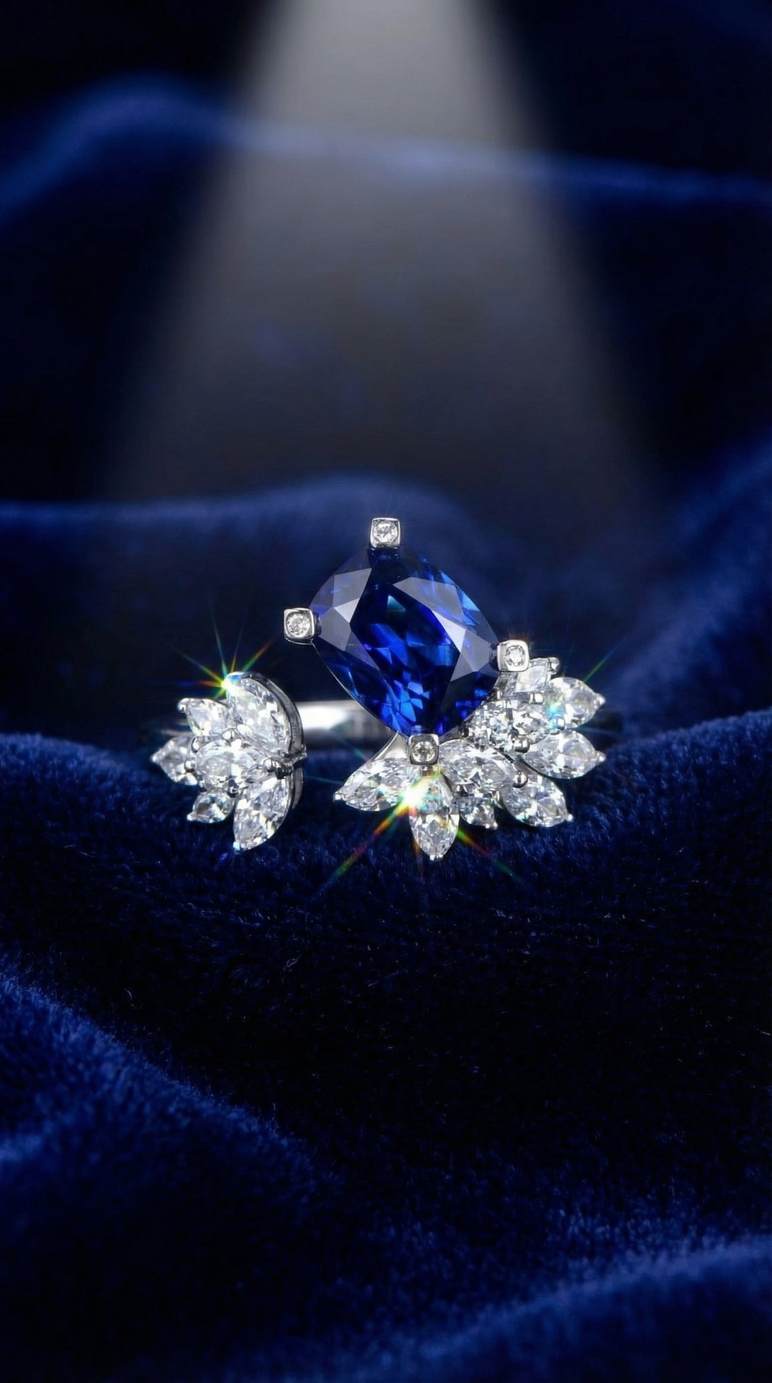 Butigini Silver Plated Anti Tarnish American Diamond Crushed Ice Cut Navy Blue Adjustable Contemporary Finger Ring