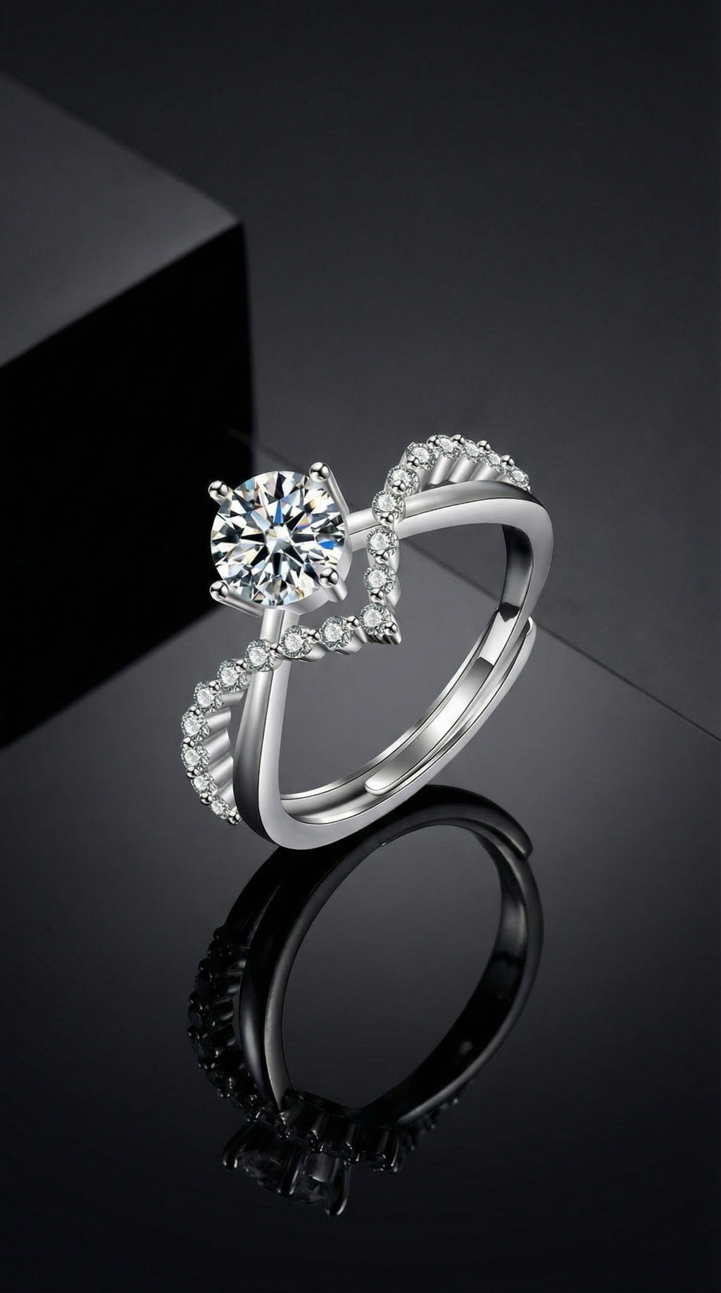 Butigini Silver Plated American Diamond Studded Solitaire Double Band Contemporary Korean Adjustable Finger Ring