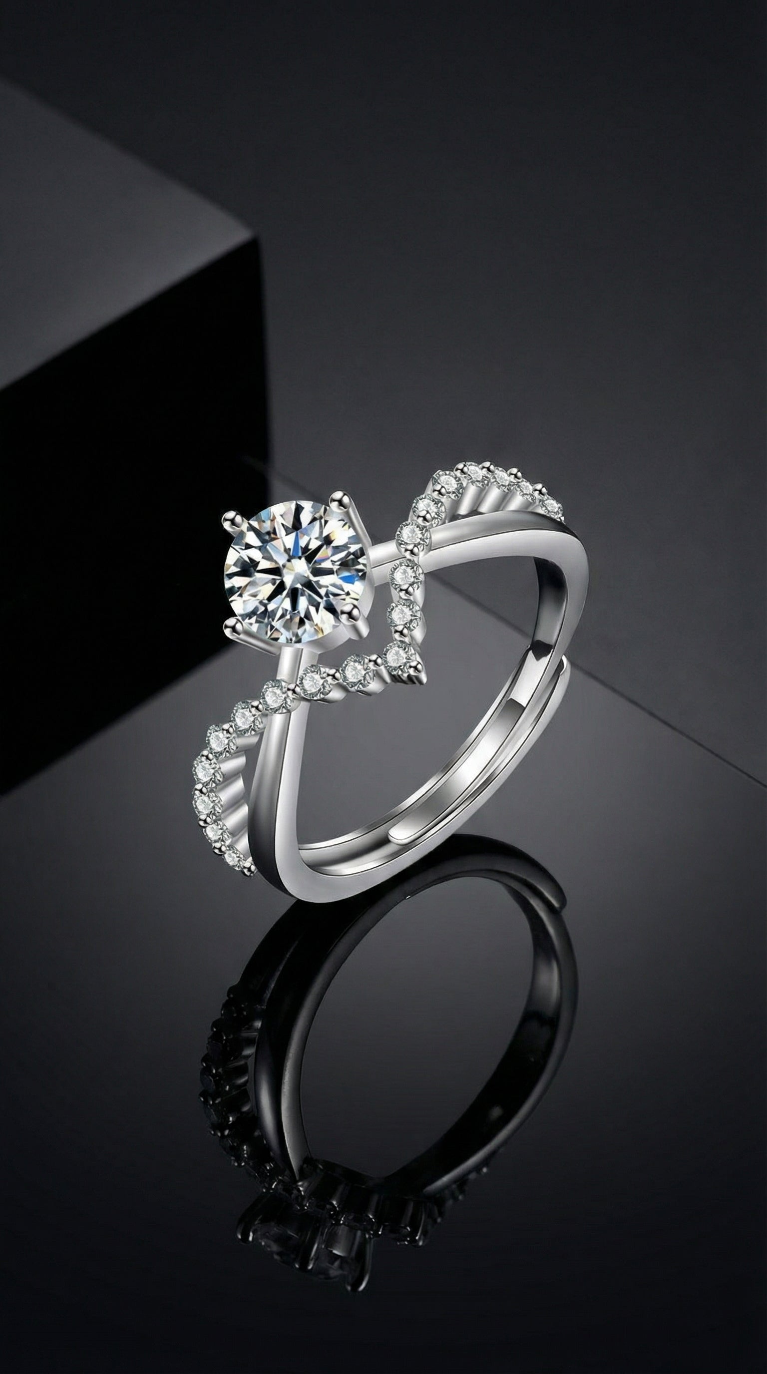 Butigini Silver Plated American Diamond Studded Solitaire Double Band Contemporary Korean Adjustable Finger Ring