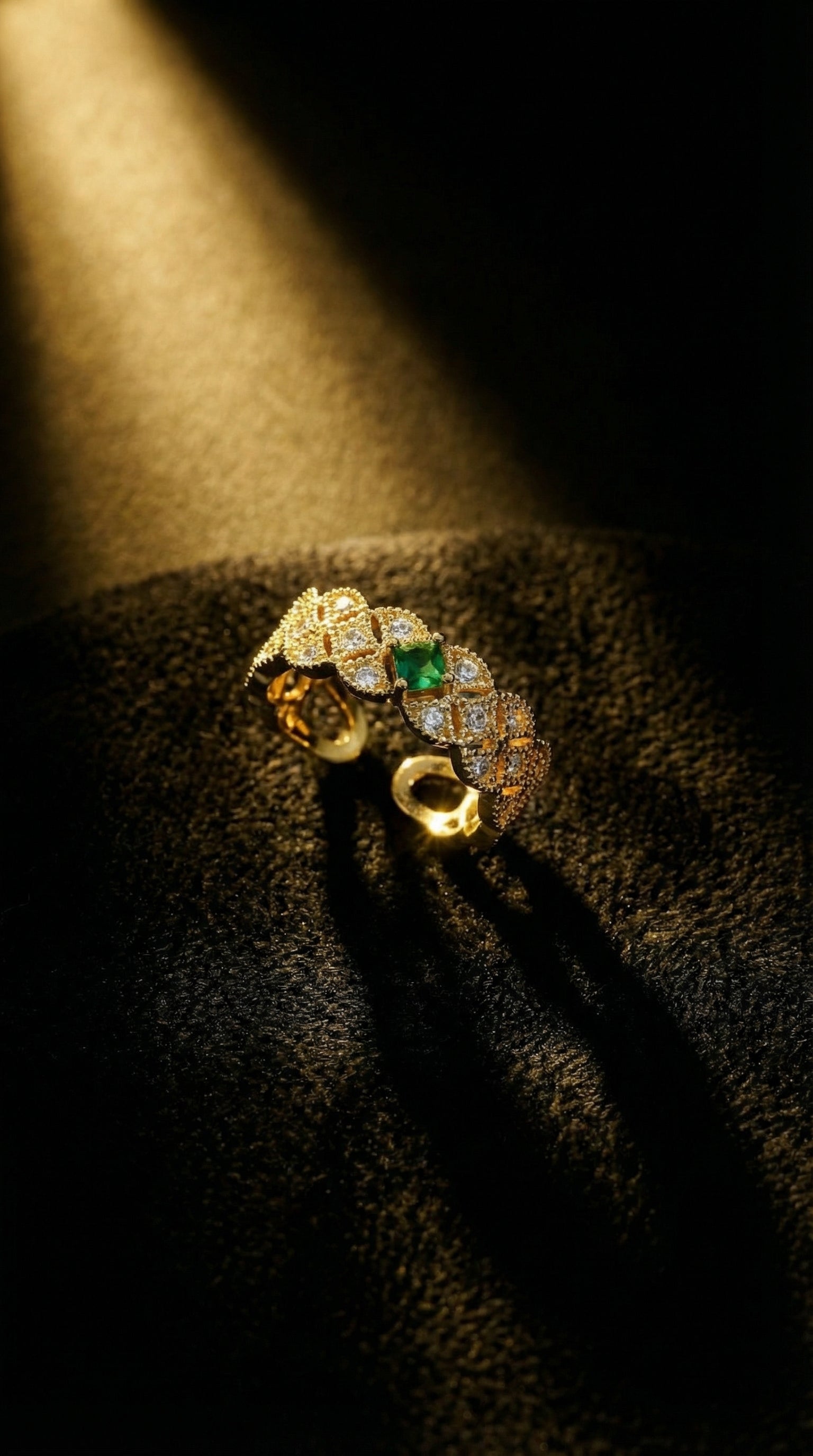 Butigini Gold Plated Crystal Studded Green Stone Contemporary Adjustable Finger Ring
