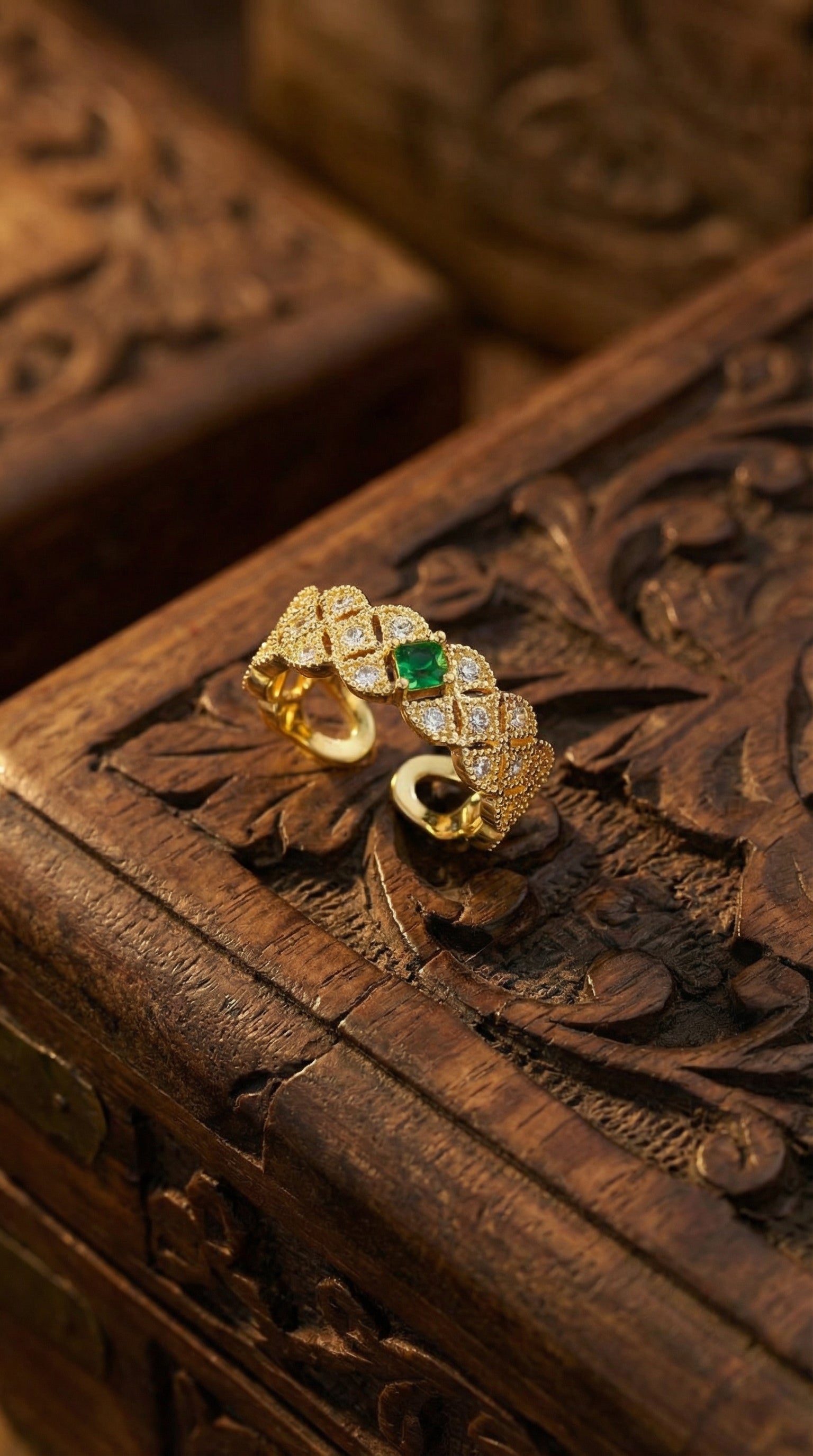 Butigini Gold Plated Crystal Studded Green Stone Contemporary Adjustable Finger Ring