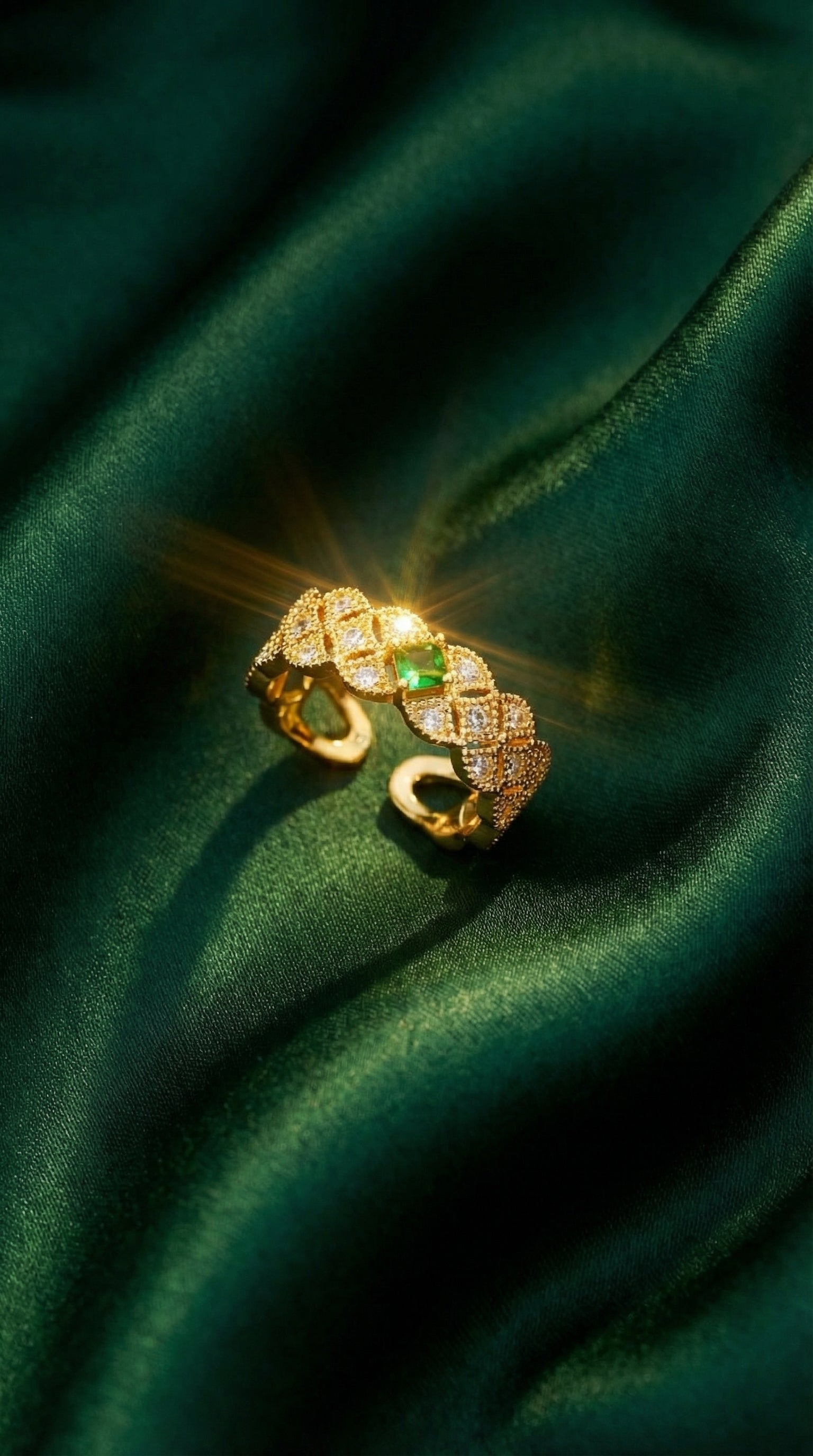 Butigini Gold Plated Crystal Studded Green Stone Contemporary Adjustable Finger Ring