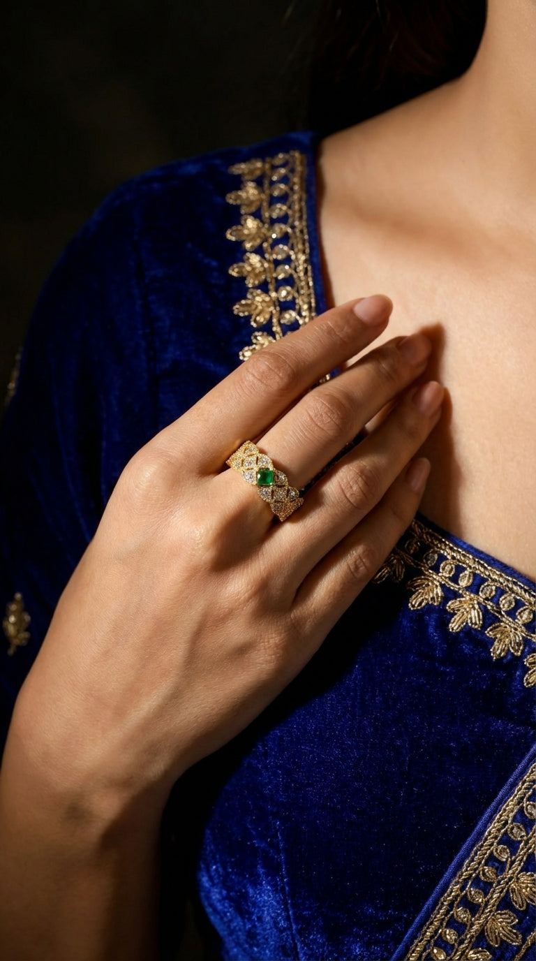 Butigini Gold Plated Crystal Studded Green Stone Contemporary Adjustable Finger Ring