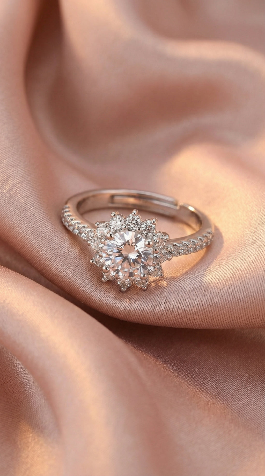 Butigini Silver Plated Anti Tarnish American Diamond Studded Floral Halo Solitaire Adjustable Finger Ring