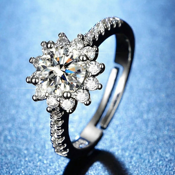 Butigini Silver Plated Anti Tarnish American Diamond Studded Floral Halo Solitaire Adjustable Finger Ring