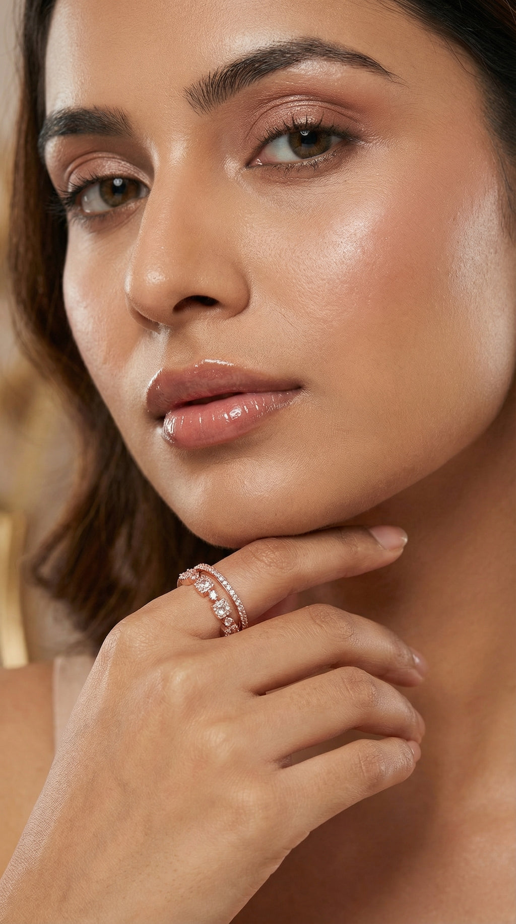 Butigini Rose Gold Plated American Diamond Studded Square Checkered Contemporary Adjustable Finger Ring