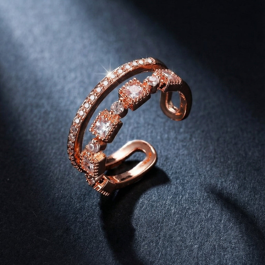Butigini Rose Gold Plated American Diamond Studded Square Checkered Contemporary Adjustable Finger Ring