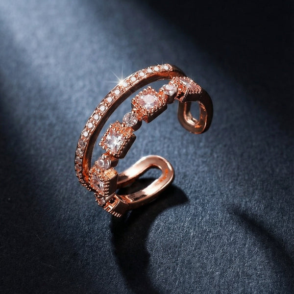 Butigini Rose Gold Plated American Diamond Studded Square Checkered Contemporary Adjustable Finger Ring