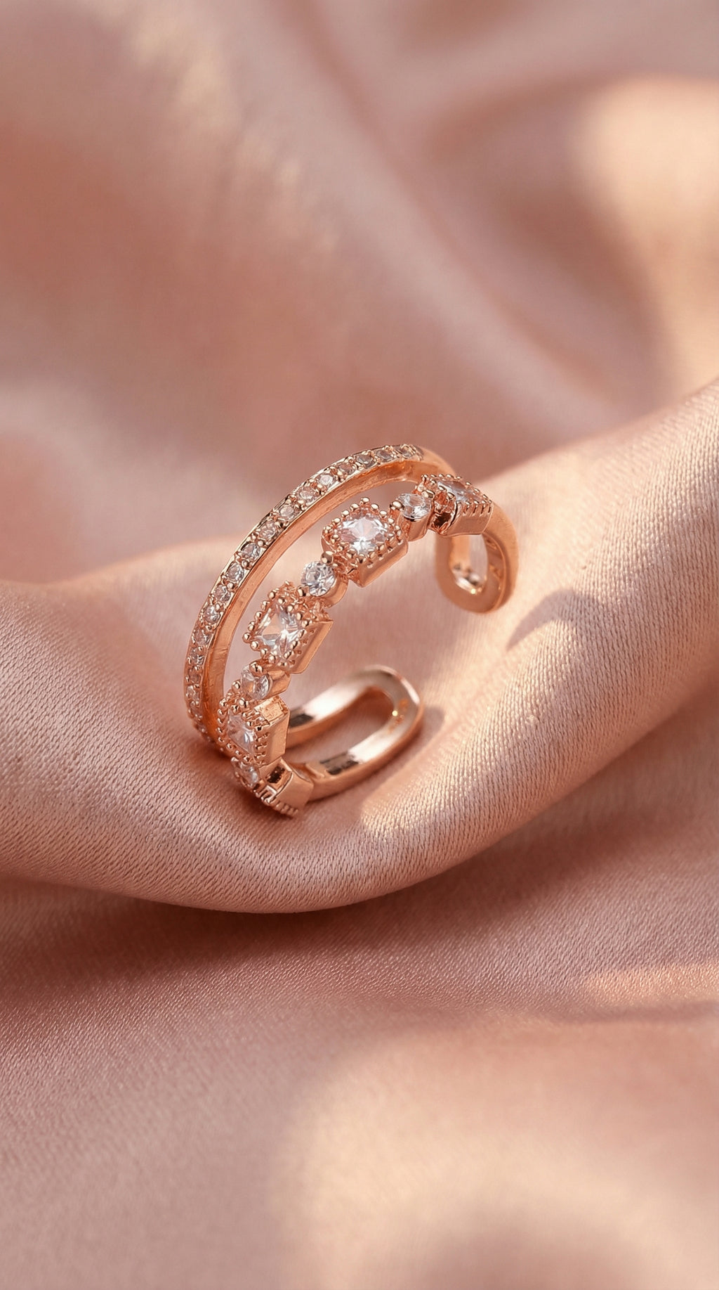 Butigini Rose Gold Plated American Diamond Studded Square Checkered Contemporary Adjustable Finger Ring
