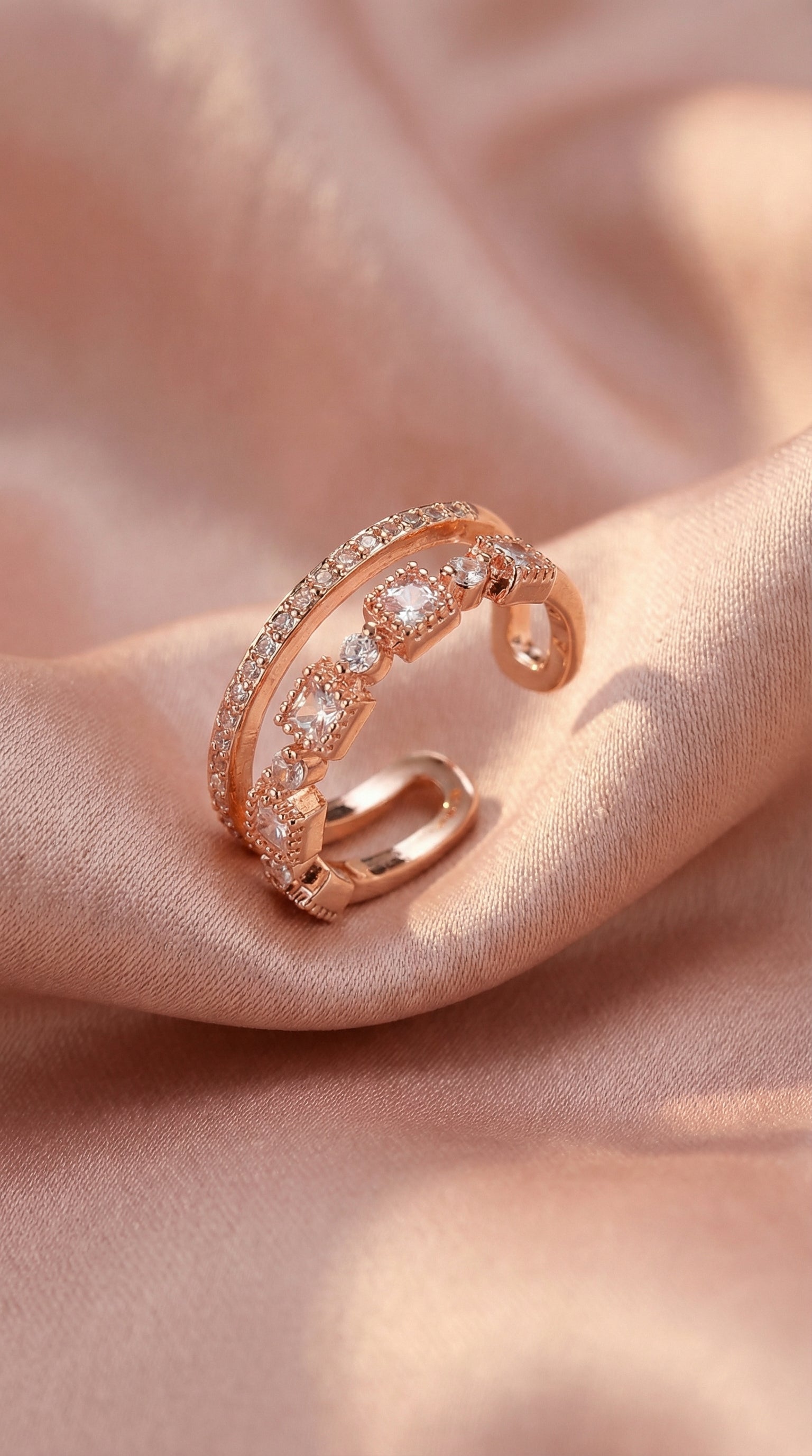 Butigini Rose Gold Plated American Diamond Studded Square Checkered Contemporary Adjustable Finger Ring
