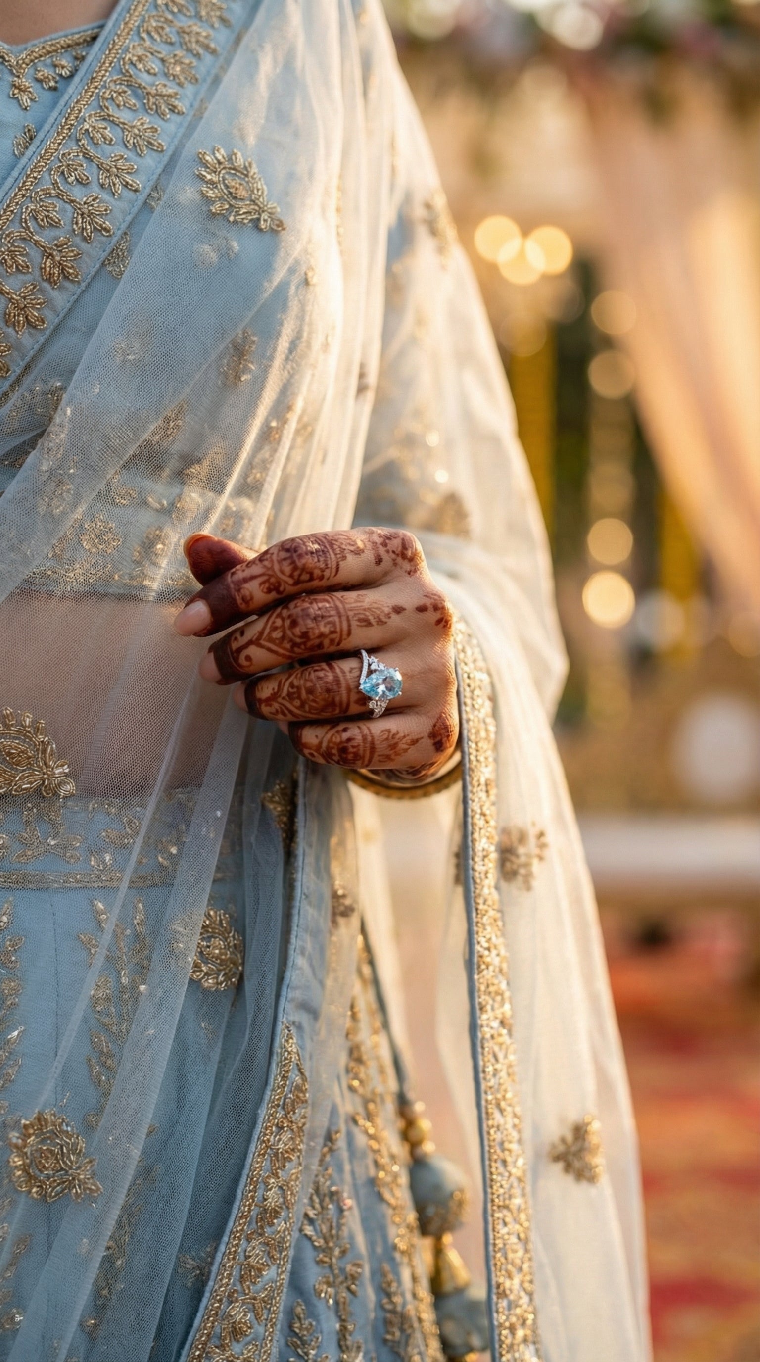 Butigini Silver Plated Anti Tarnish American Diamond Crushed Ice Cut Blue Teardrop Adjustable Finger Ring