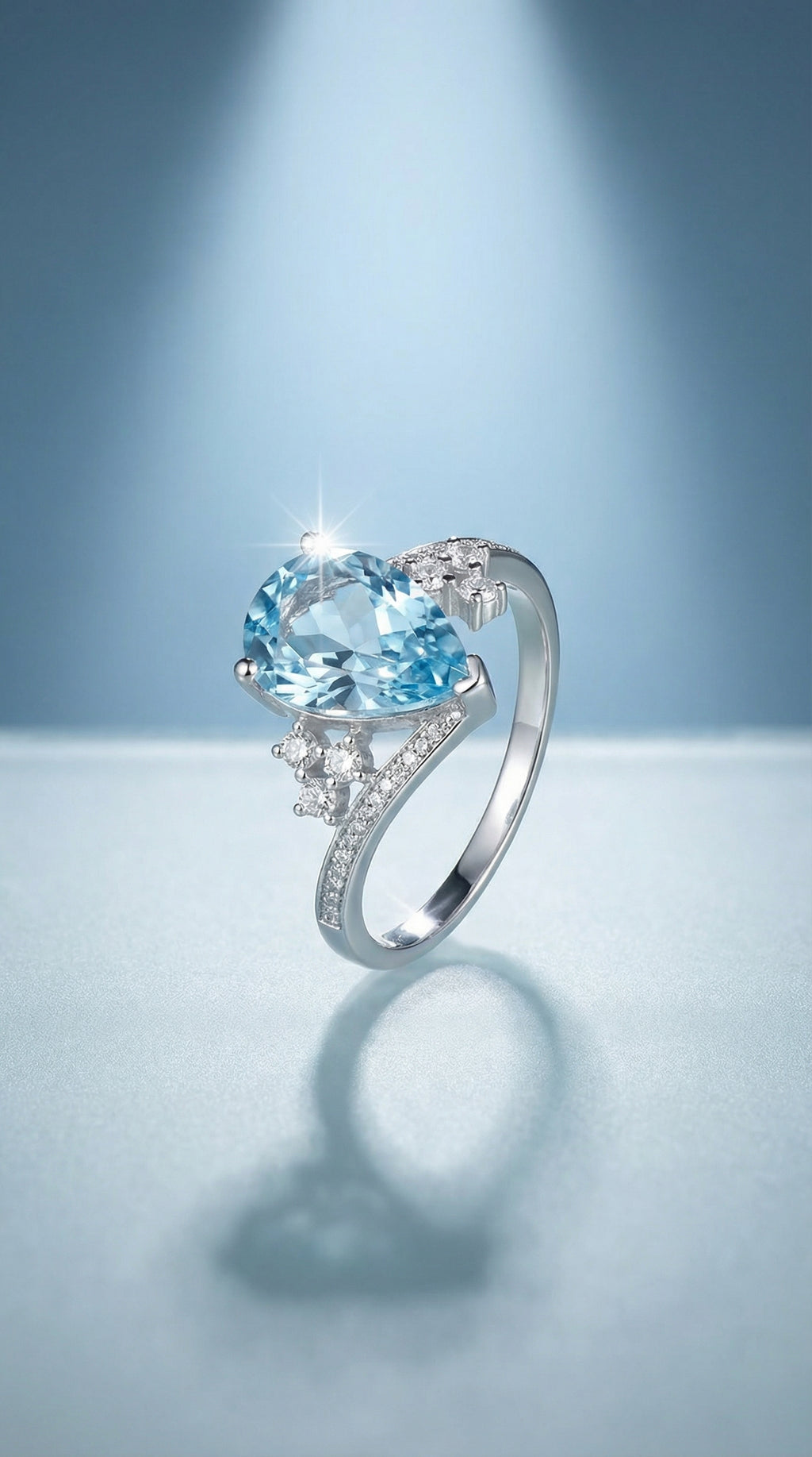 Butigini Silver Plated Anti Tarnish American Diamond Crushed Ice Cut Blue Teardrop Adjustable Finger Ring