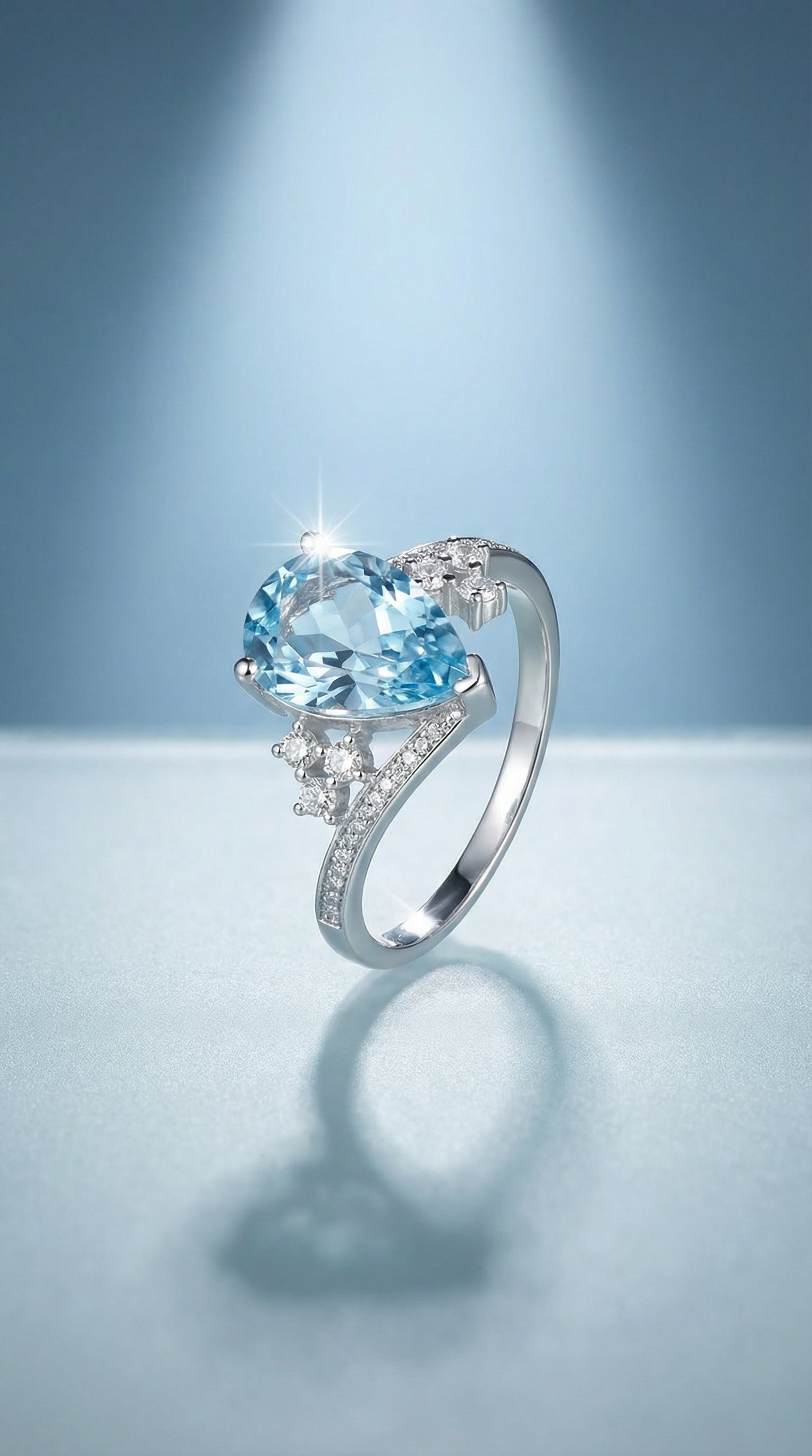 Butigini Silver Plated Anti Tarnish American Diamond Crushed Ice Cut Blue Teardrop Adjustable Finger Ring