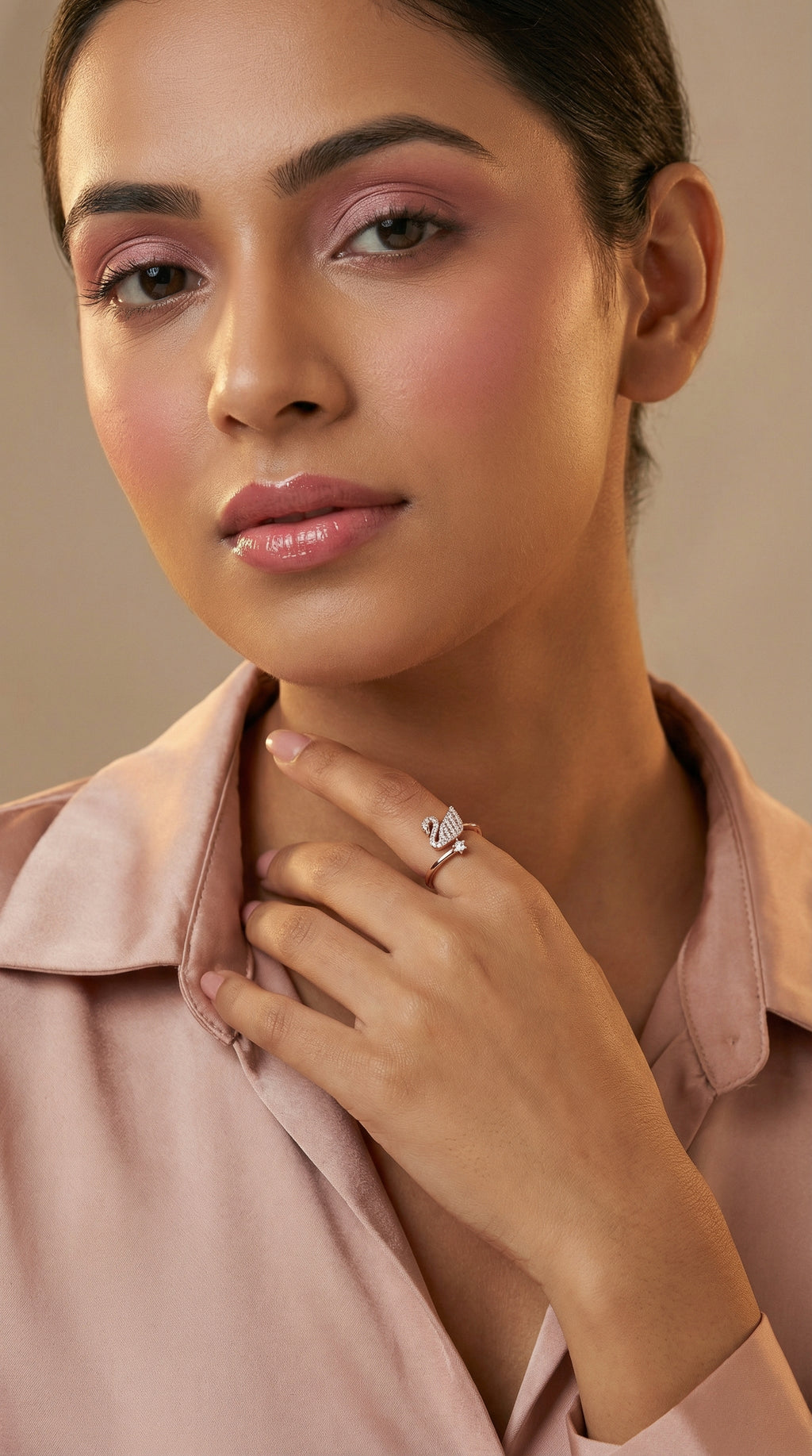 Butigini Rose Gold Plated American Diamond Studded Swan Shape Contemporary Adjustable Finger Ring