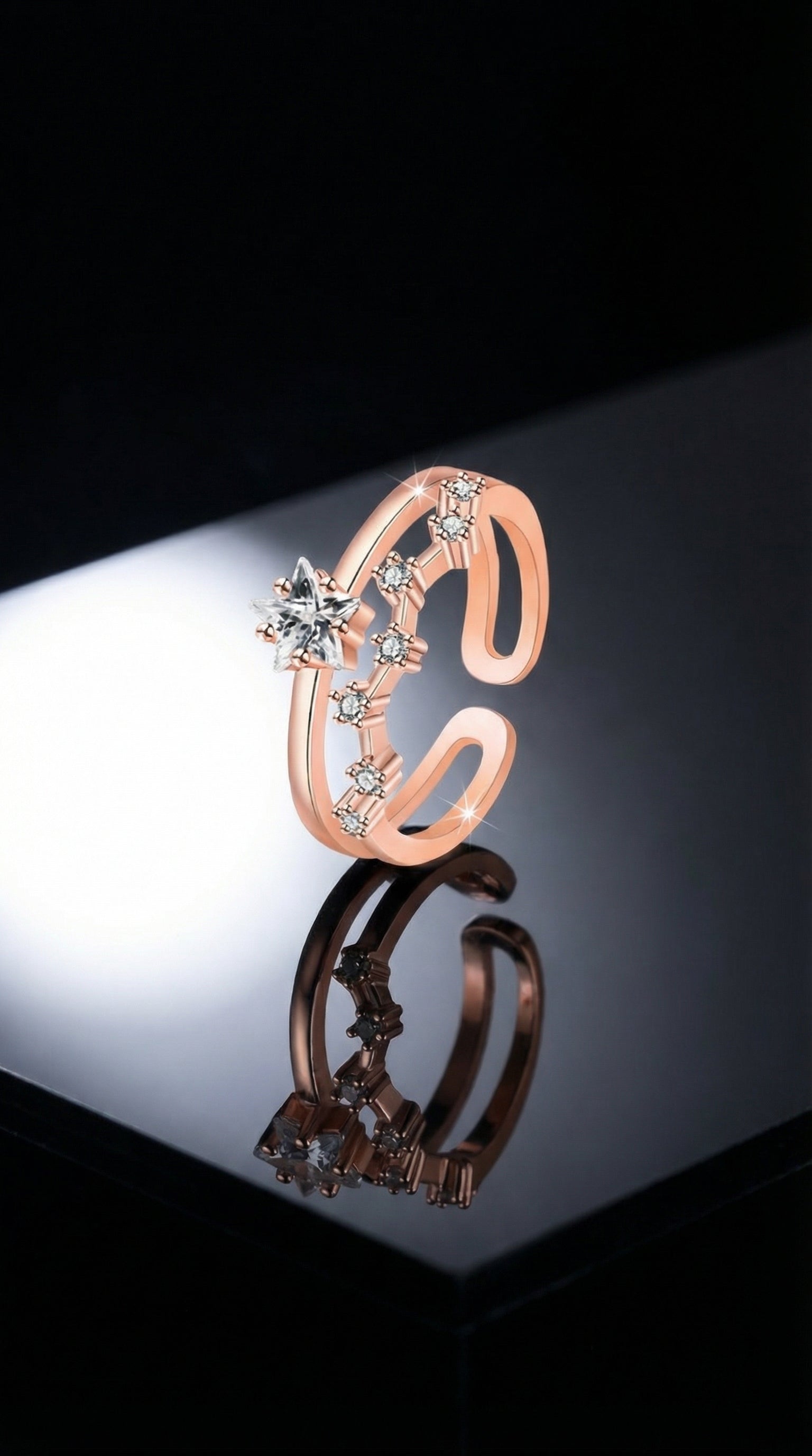 Butigini Rose Gold Plated American Diamond Studded Star Motif Contemporary Adjustable Finger Ring