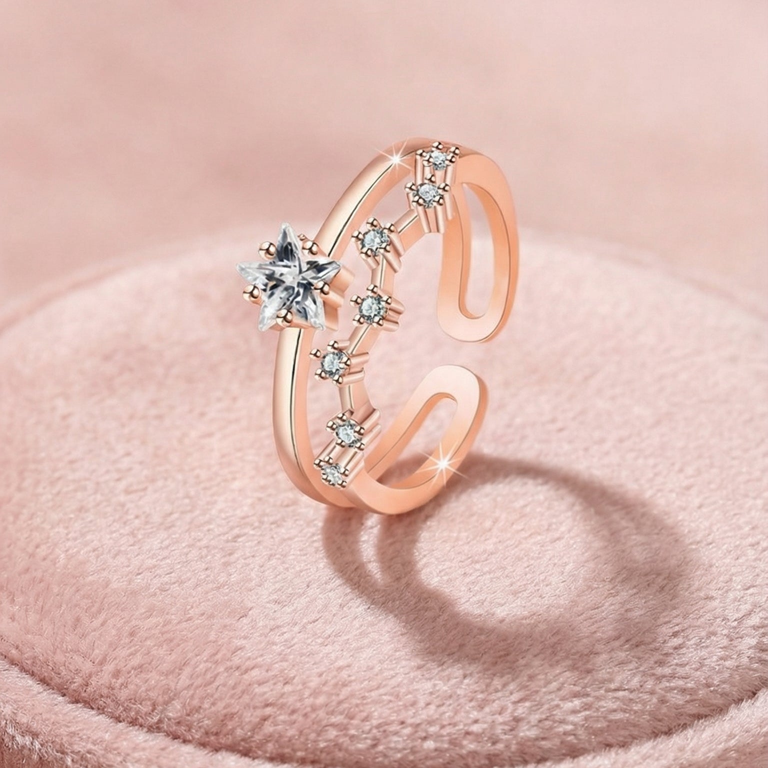 Butigini Rose Gold Plated American Diamond Studded Star Motif Contemporary Adjustable Finger Ring