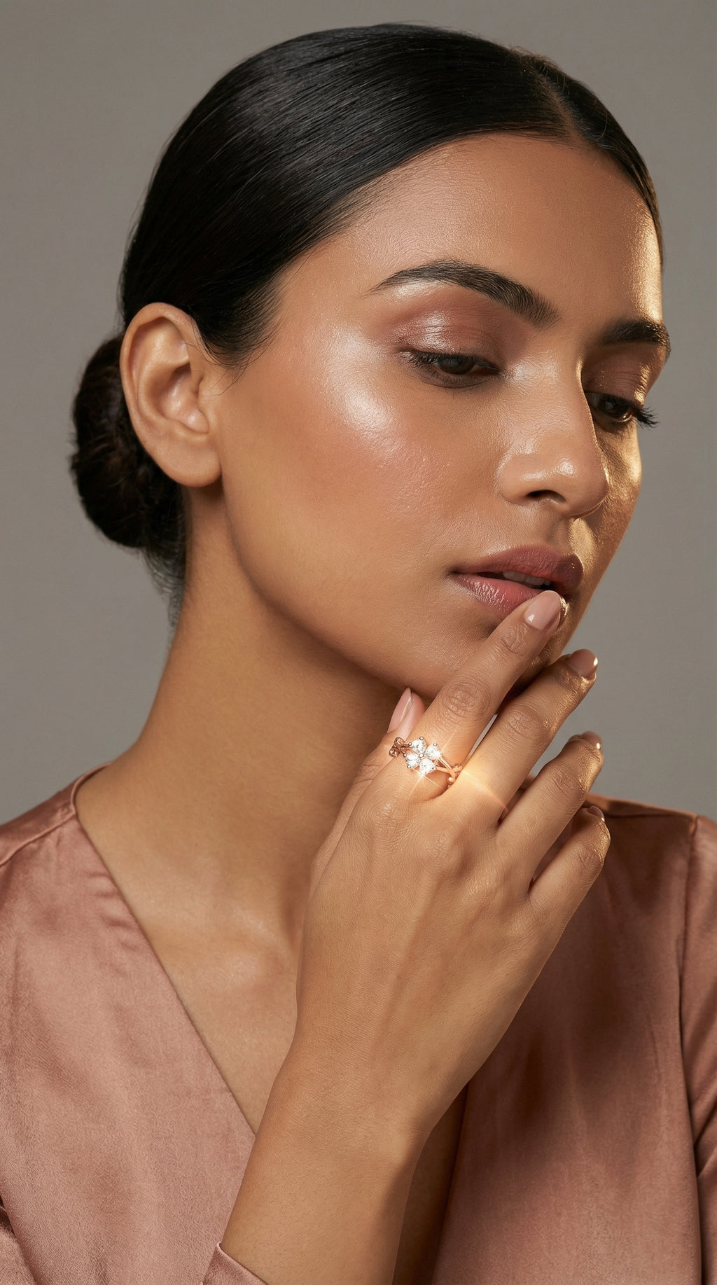 Butigini Rose Gold Plated American Diamond Studded Floral Motif Contemporary Adjustable Finger Ring