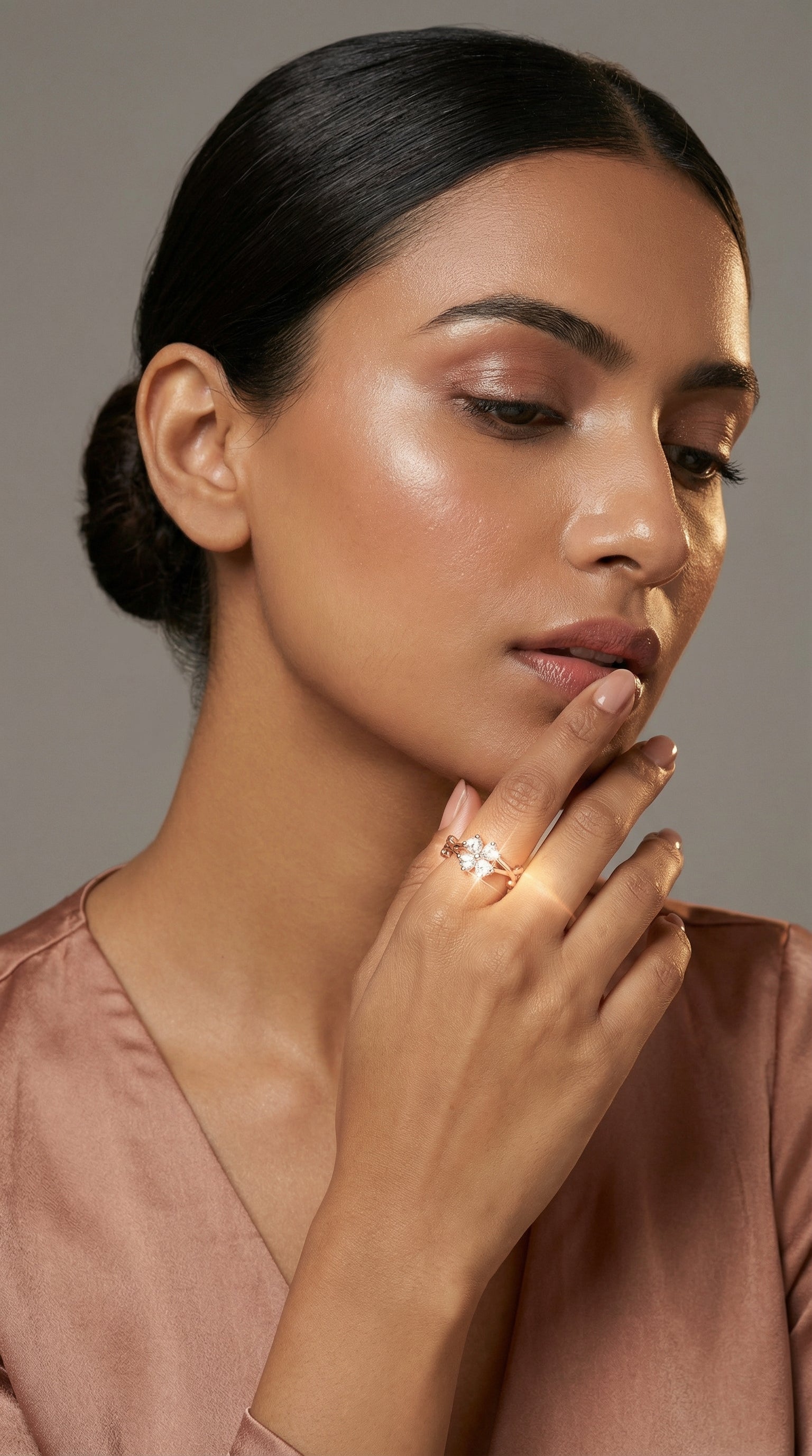 Butigini Rose Gold Plated American Diamond Studded Floral Motif Contemporary Adjustable Finger Ring