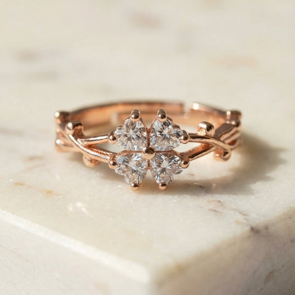 Butigini Rose Gold Plated American Diamond Studded Floral Motif Contemporary Adjustable Finger Ring