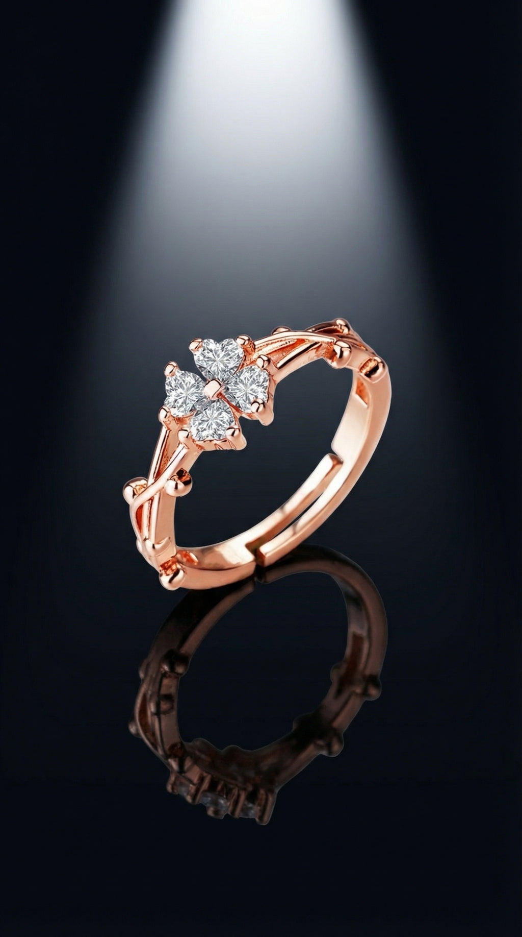 Butigini Rose Gold Plated American Diamond Studded Floral Motif Contemporary Adjustable Finger Ring