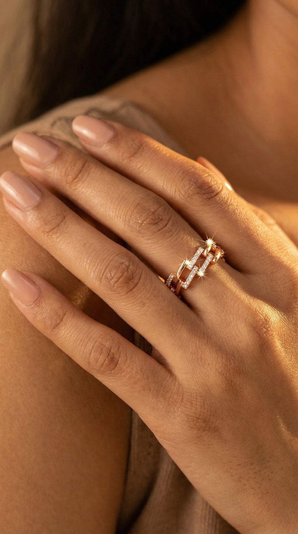 Butigini Rose Gold Plated American Diamond Studded Geometric Link Contemporary Adjustable Finger Ring