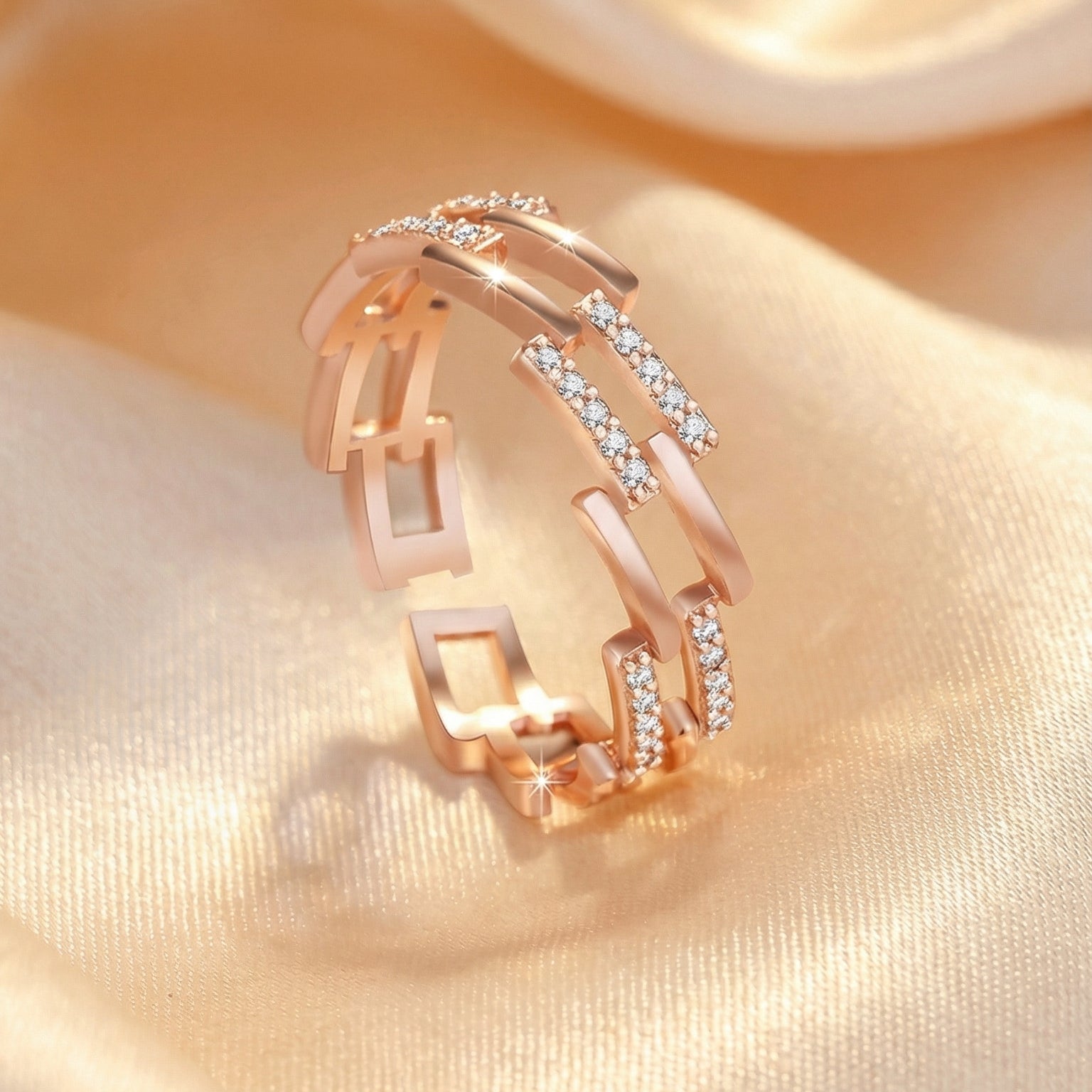 Butigini Rose Gold Plated American Diamond Studded Geometric Link Contemporary Adjustable Finger Ring