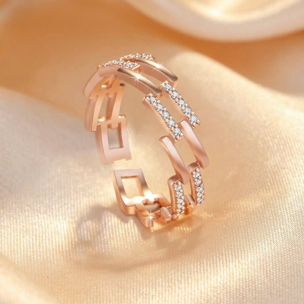 Butigini Rose Gold Plated American Diamond Studded Geometric Link Contemporary Adjustable Finger Ring