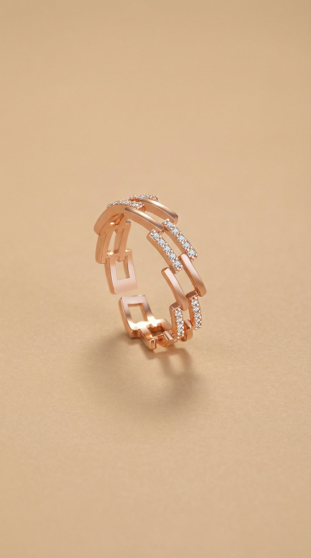 Butigini Rose Gold Plated American Diamond Studded Geometric Link Contemporary Adjustable Finger Ring