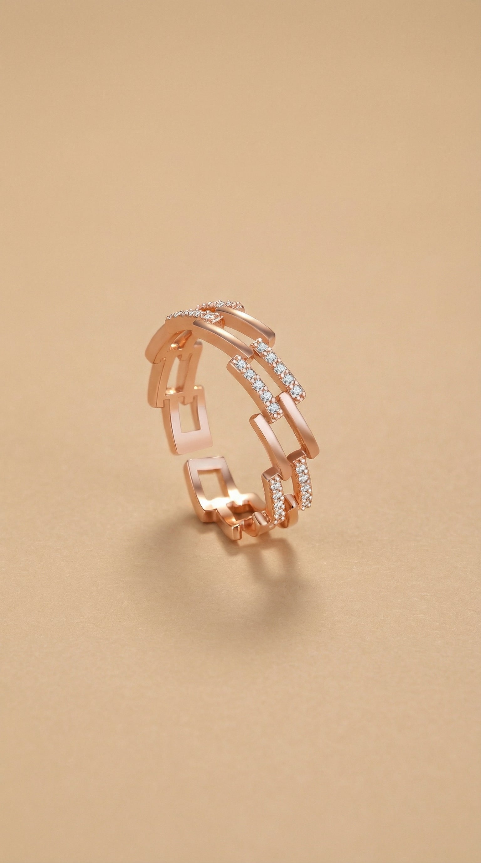 Butigini Rose Gold Plated American Diamond Studded Geometric Link Contemporary Adjustable Finger Ring