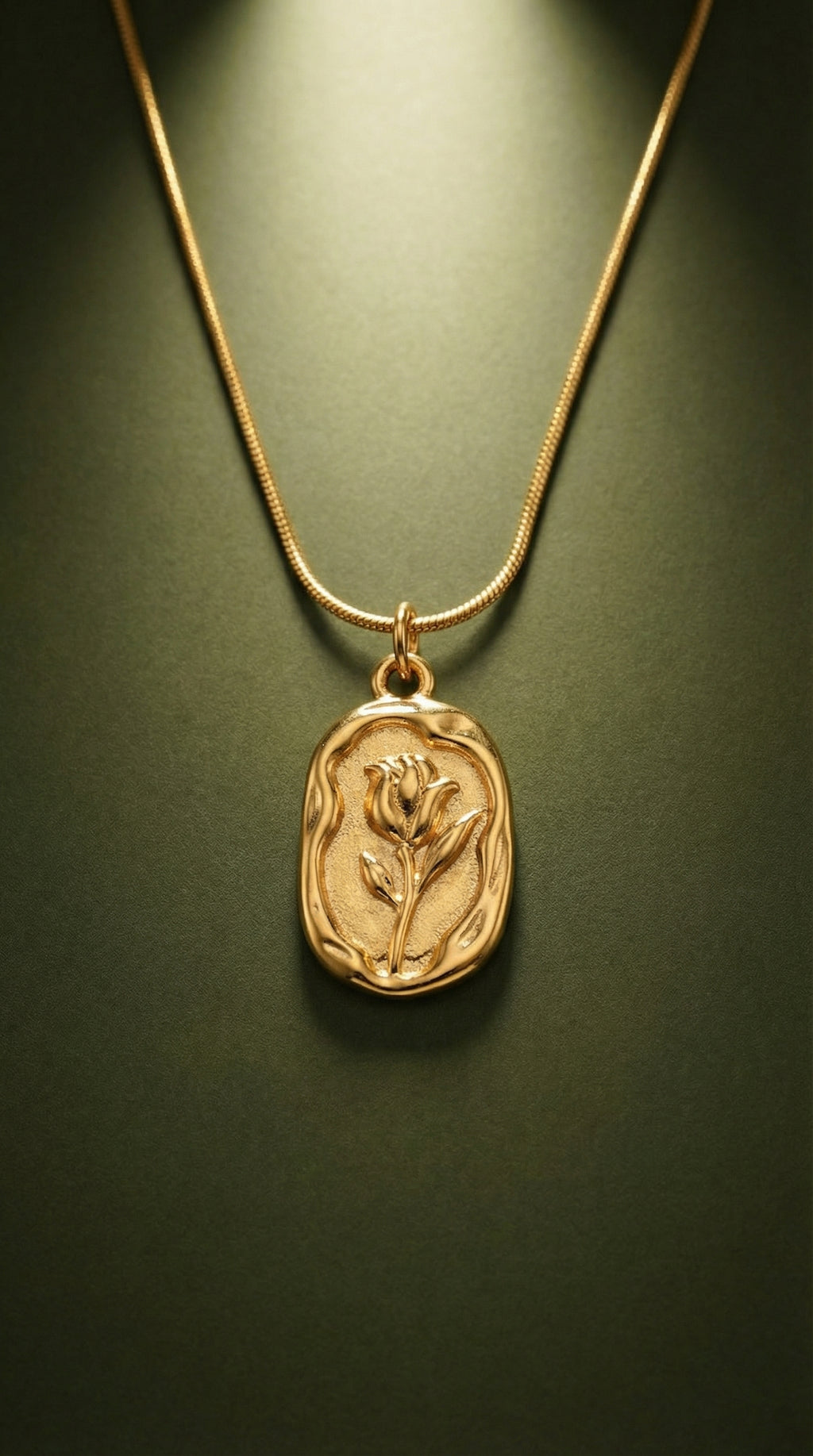 Butigini Gold Plated Anti Tarnish White Rose Engraved Oval Pendant Necklace