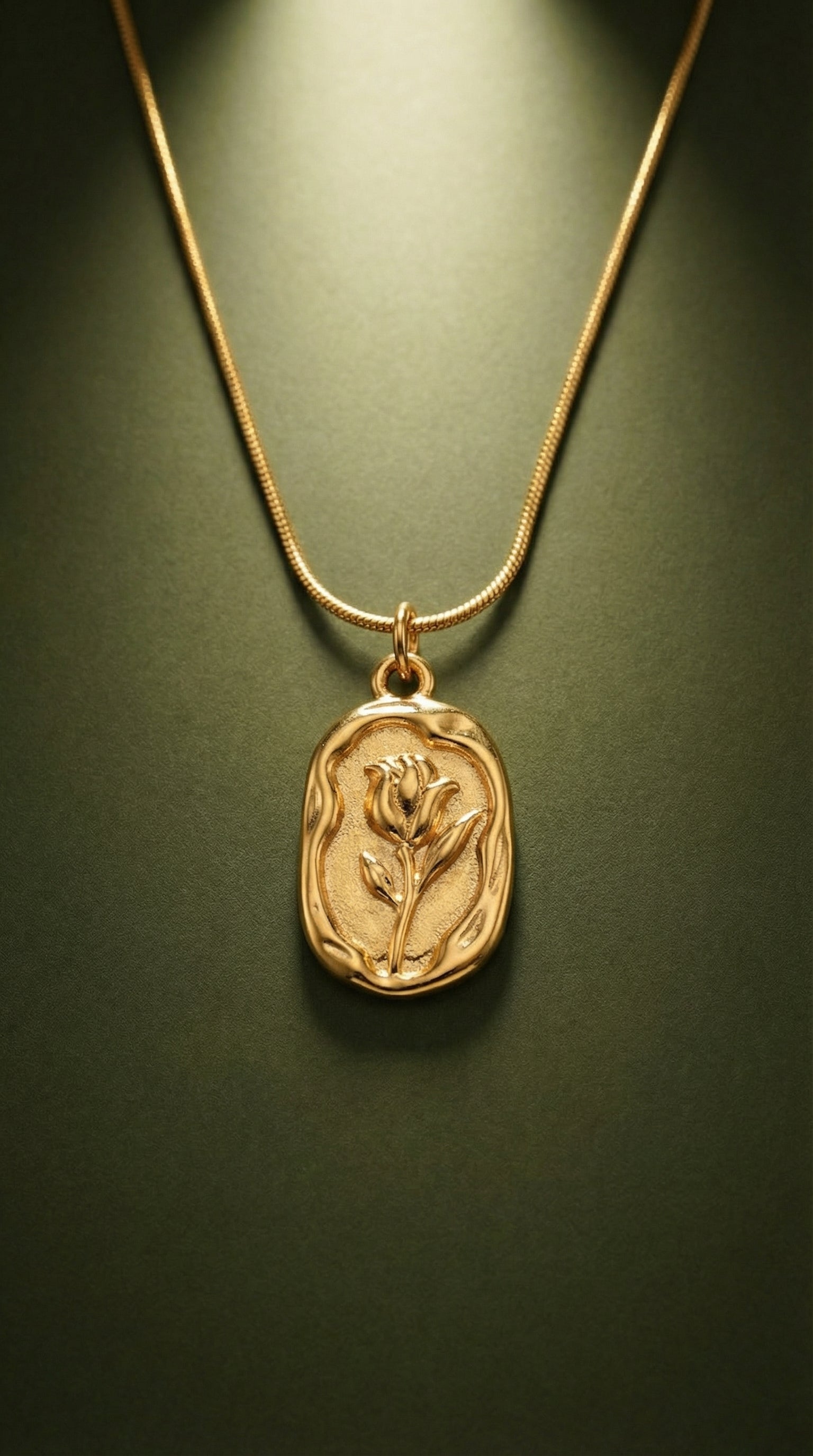 Butigini Gold Plated Anti Tarnish White Rose Engraved Oval Pendant Necklace