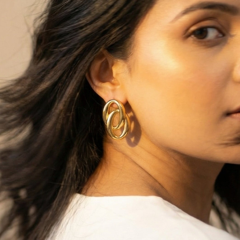 Butigini Gold Plated Anti Tarnish Stainless Steel Interlinked Oval Contemporary Drop Earrings