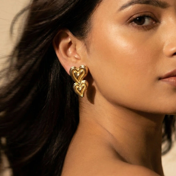 Butigini Gold Plated Anti Tarnish Stainless Steel Double Heart Drop Earrings