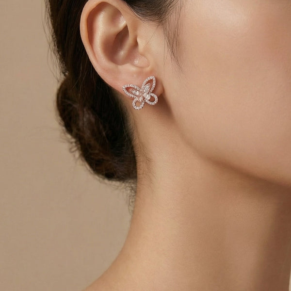 Butigini Rose Gold Plated American Diamond Studded Dual Butterfly Korean Stud Earrings
