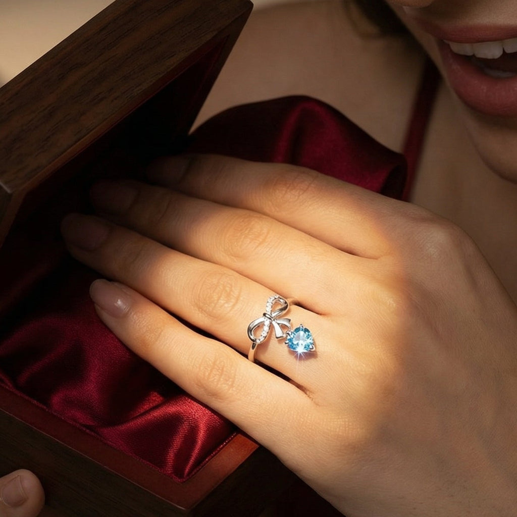 Celestial Knot By BUTIGINI | Sculpted Bow Diamond Ring with Blue Drop | Lab Grown Diamond
